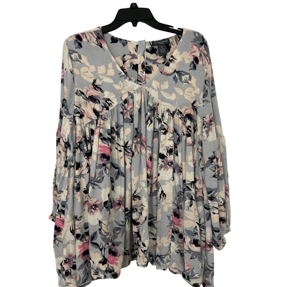 Chelsea & Theodore Gray Pink Floral Babydoll Ballon Sleeve Flowy Blouse Top 3 X